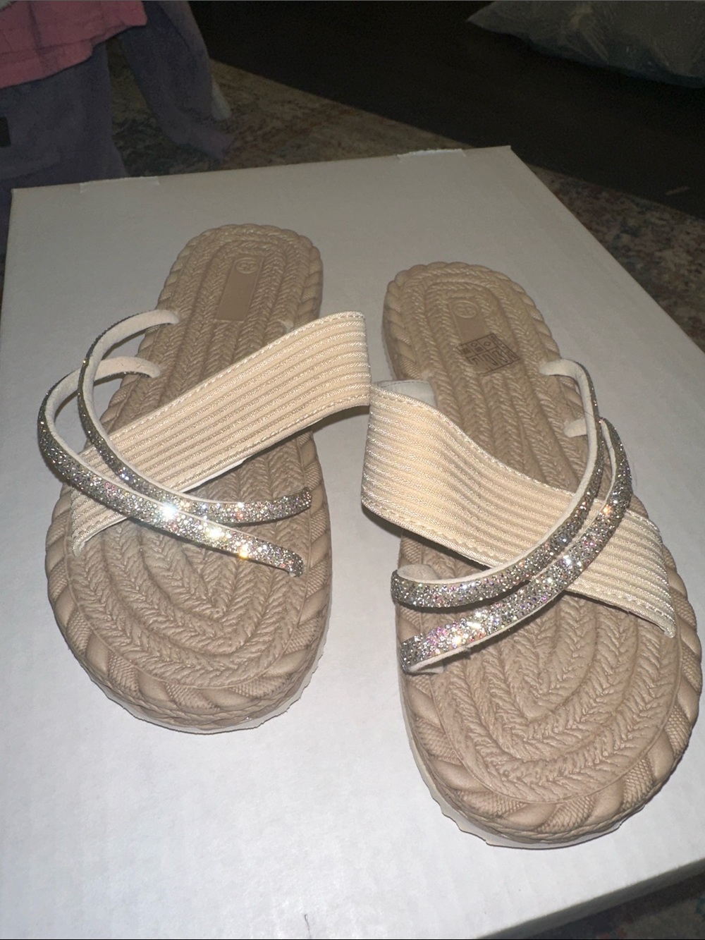 Women’s size 4 Sparkle Strap Slip-On Sandals in Beige